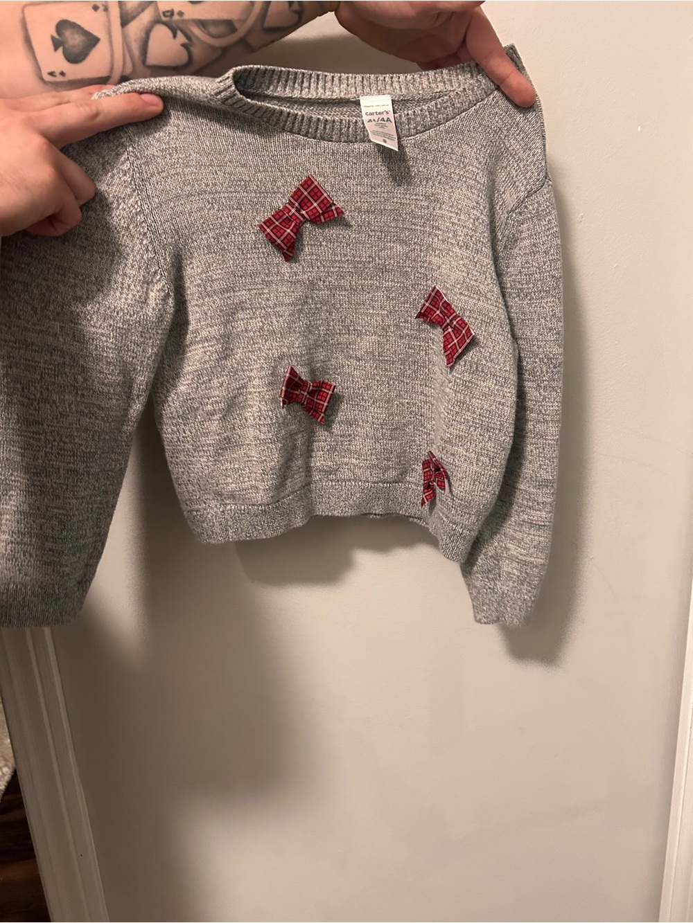 Gray Sweater with Red Plaid Bows - Carter's